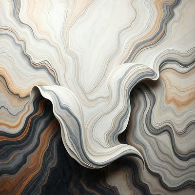 The primary subject of the image is a large, white, and gray book that appears to be made of paper. The book is open and has a unique, artistic design. The setting is a room with a wall that features a patterned wallpaper. The visual style of the image is a combination of digital art and illustration, creating a striking and creative appearance. The colors and mood of the image are predominantly neutral, with the white and gray tones of the book and the wallpaper creating a calm and soph
